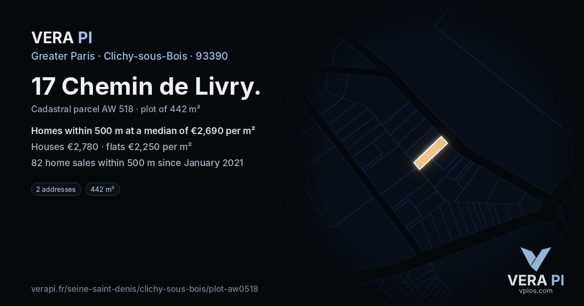 17 Chemin de Livry, Clichy-sous-Bois at night – the plot lit, the parcels around coloured by the prices near them