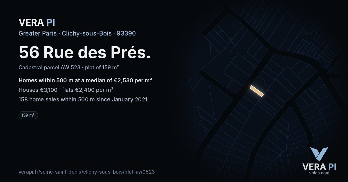 56 Rue des Prés, Clichy-sous-Bois at night – the plot lit, the parcels around coloured by the prices near them