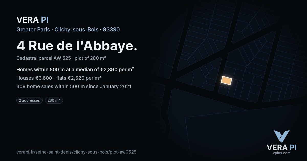 4 Rue de l'Abbaye, Clichy-sous-Bois at night – the plot lit, the parcels around coloured by the prices near them