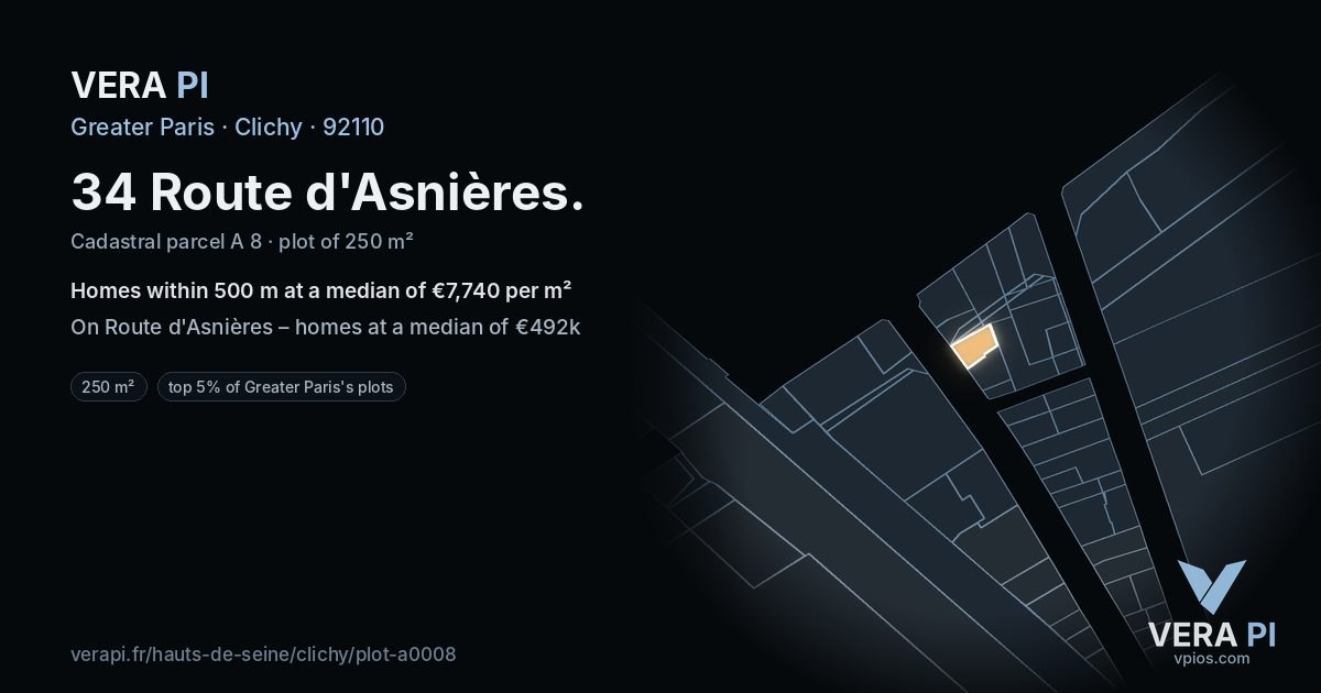 34 Route d'Asnières, Clichy at night – the plot lit, the parcels around coloured by the prices near them