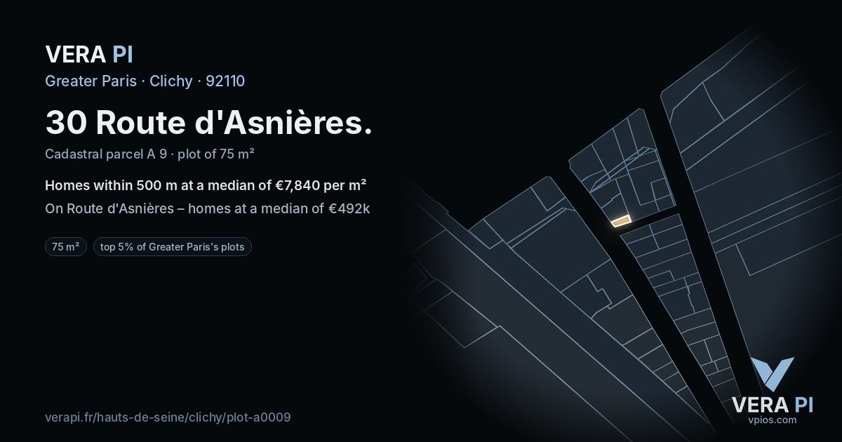 30 Route d'Asnières, Clichy at night – the plot lit, the parcels around coloured by the prices near them