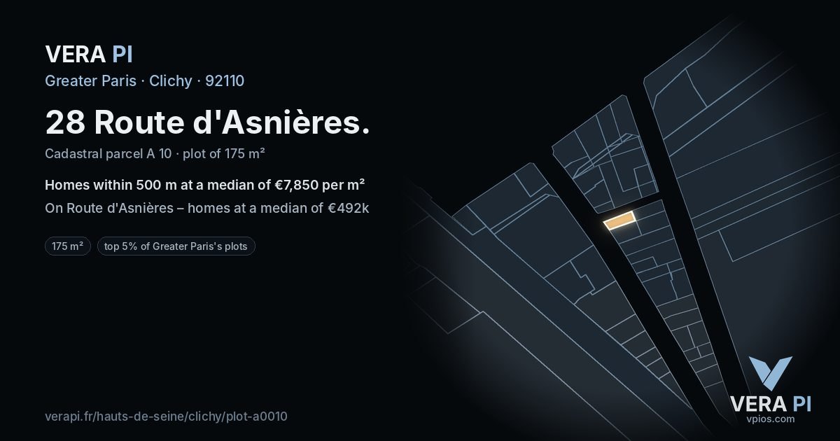 28 Route d'Asnières, Clichy at night – the plot lit, the parcels around coloured by the prices near them