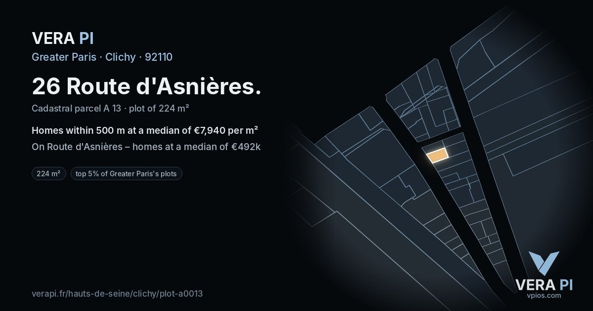 26 Route d'Asnières, Clichy at night – the plot lit, the parcels around coloured by the prices near them