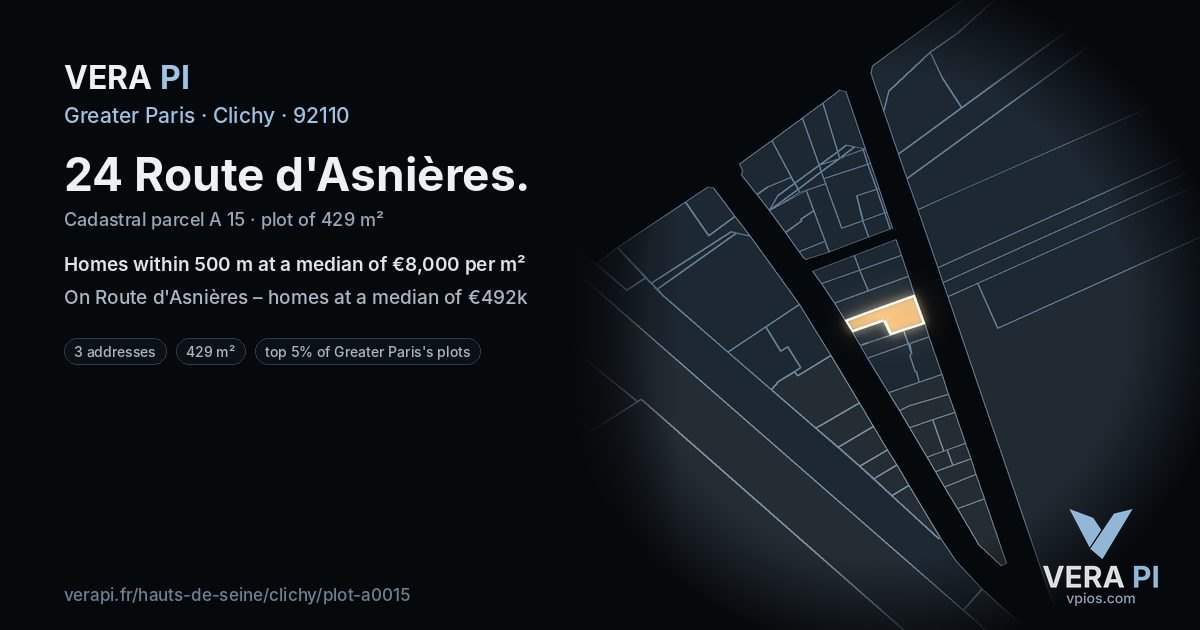 24 Route d'Asnières, Clichy at night – the plot lit, the parcels around coloured by the prices near them