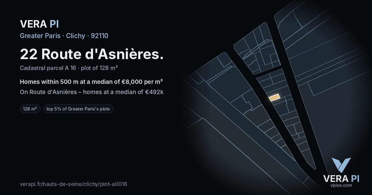 22 Route d'Asnières, Clichy at night – the plot lit, the parcels around coloured by the prices near them