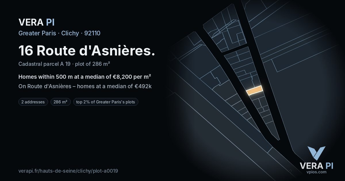 16 Route d'Asnières, Clichy at night – the plot lit, the parcels around coloured by the prices near them