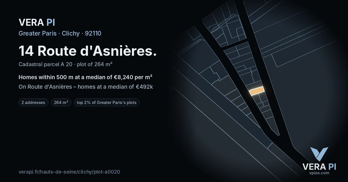 14 Route d'Asnières, Clichy at night – the plot lit, the parcels around coloured by the prices near them