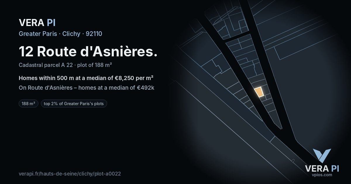 12 Route d'Asnières, Clichy at night – the plot lit, the parcels around coloured by the prices near them