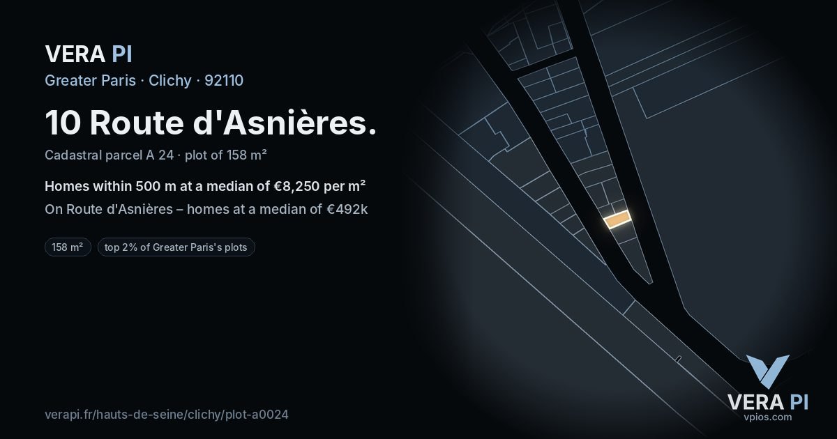 10 Route d'Asnières, Clichy at night – the plot lit, the parcels around coloured by the prices near them