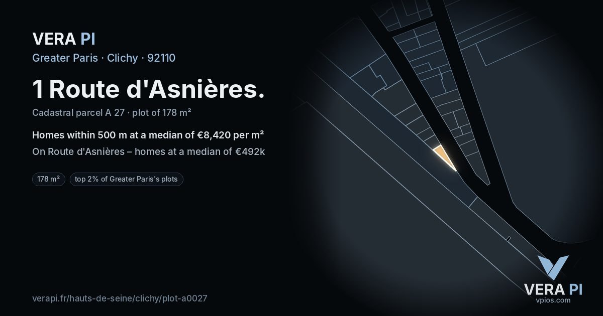 1 Route d'Asnières, Clichy at night – the plot lit, the parcels around coloured by the prices near them