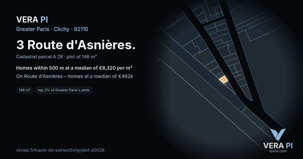 3 Route d'Asnières, Clichy at night – the plot lit, the parcels around coloured by the prices near them