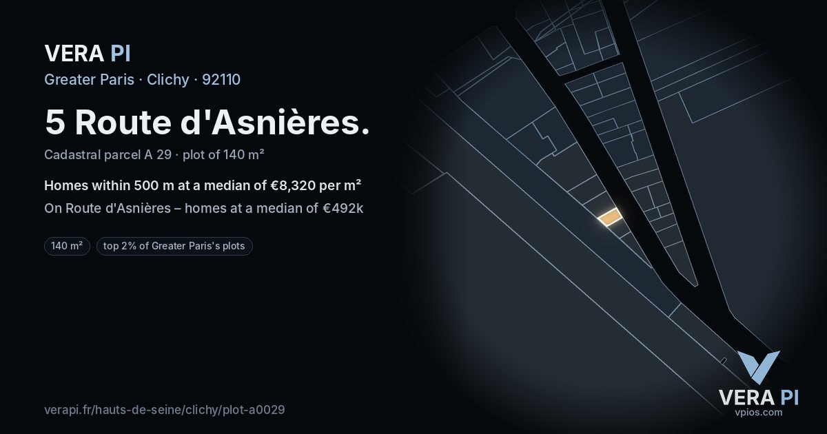 5 Route d'Asnières, Clichy at night – the plot lit, the parcels around coloured by the prices near them