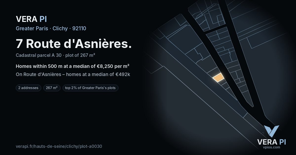 7 Route d'Asnières, Clichy at night – the plot lit, the parcels around coloured by the prices near them