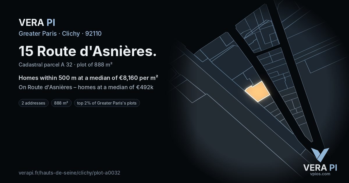 15 Route d'Asnières, Clichy at night – the plot lit, the parcels around coloured by the prices near them