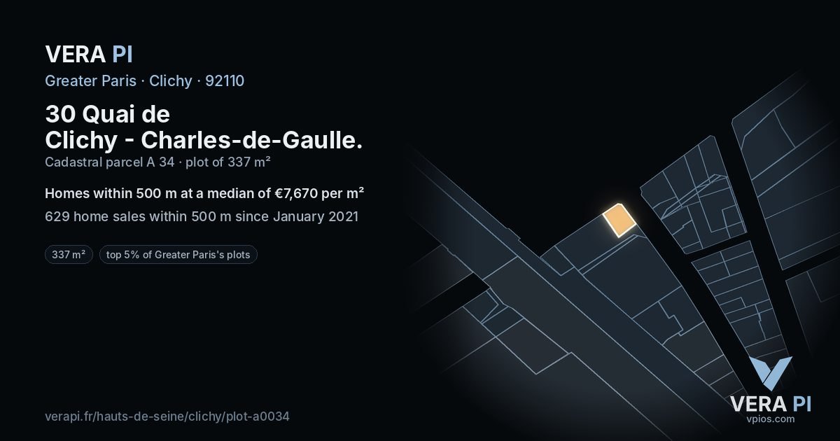 30 Quai de Clichy - Charles-de-Gaulle, Clichy at night – the plot lit, the parcels around coloured by the prices near them
