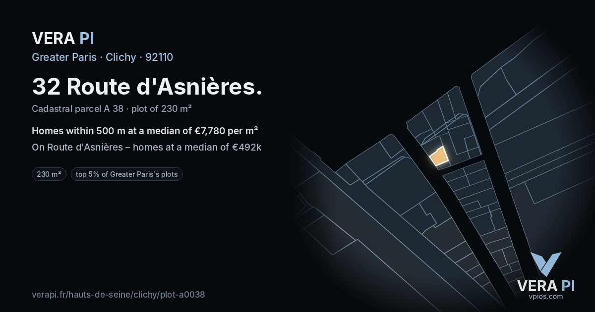 32 Route d'Asnières, Clichy at night – the plot lit, the parcels around coloured by the prices near them