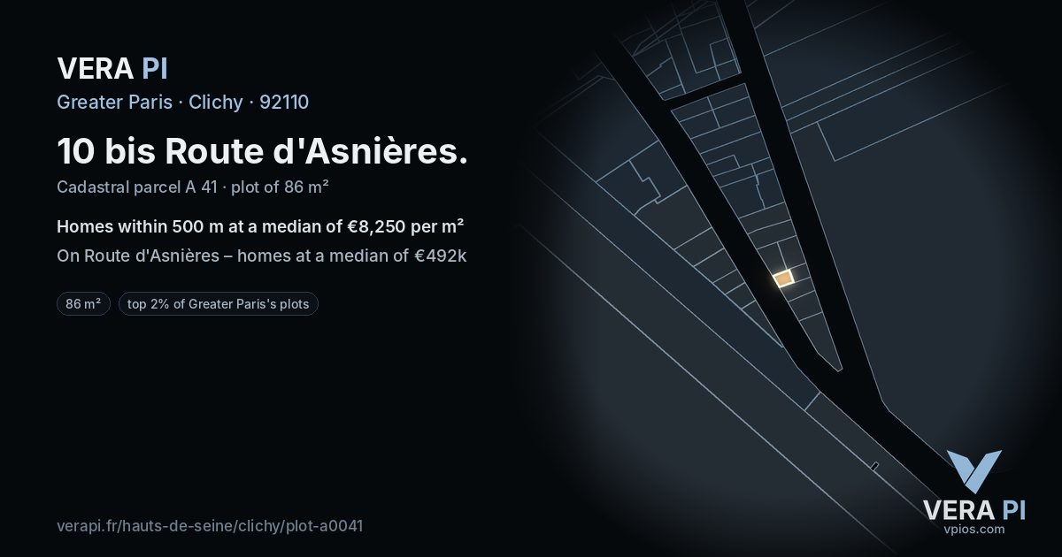 10 bis Route d'Asnières, Clichy at night – the plot lit, the parcels around coloured by the prices near them