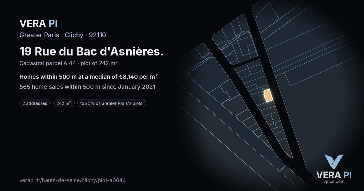 19 Rue du Bac d'Asnières, Clichy at night – the plot lit, the parcels around coloured by the prices near them