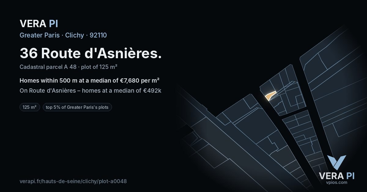 36 Route d'Asnières, Clichy at night – the plot lit, the parcels around coloured by the prices near them