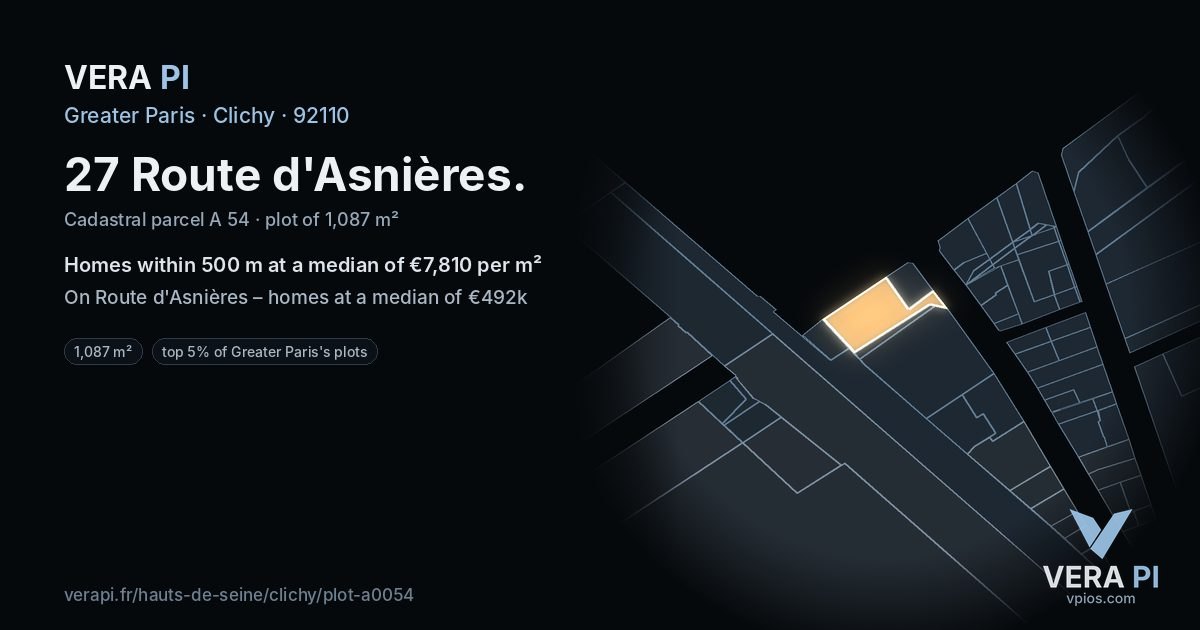 27 Route d'Asnières, Clichy at night – the plot lit, the parcels around coloured by the prices near them