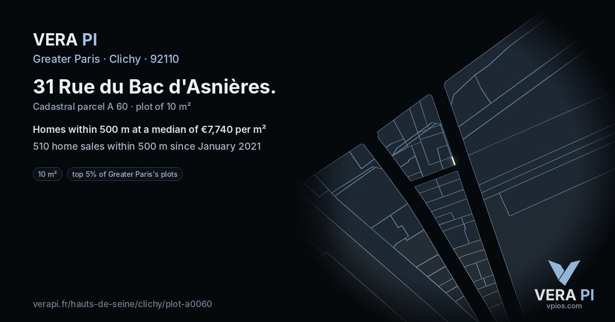 31 Rue du Bac d'Asnières, Clichy at night – the plot lit, the parcels around coloured by the prices near them
