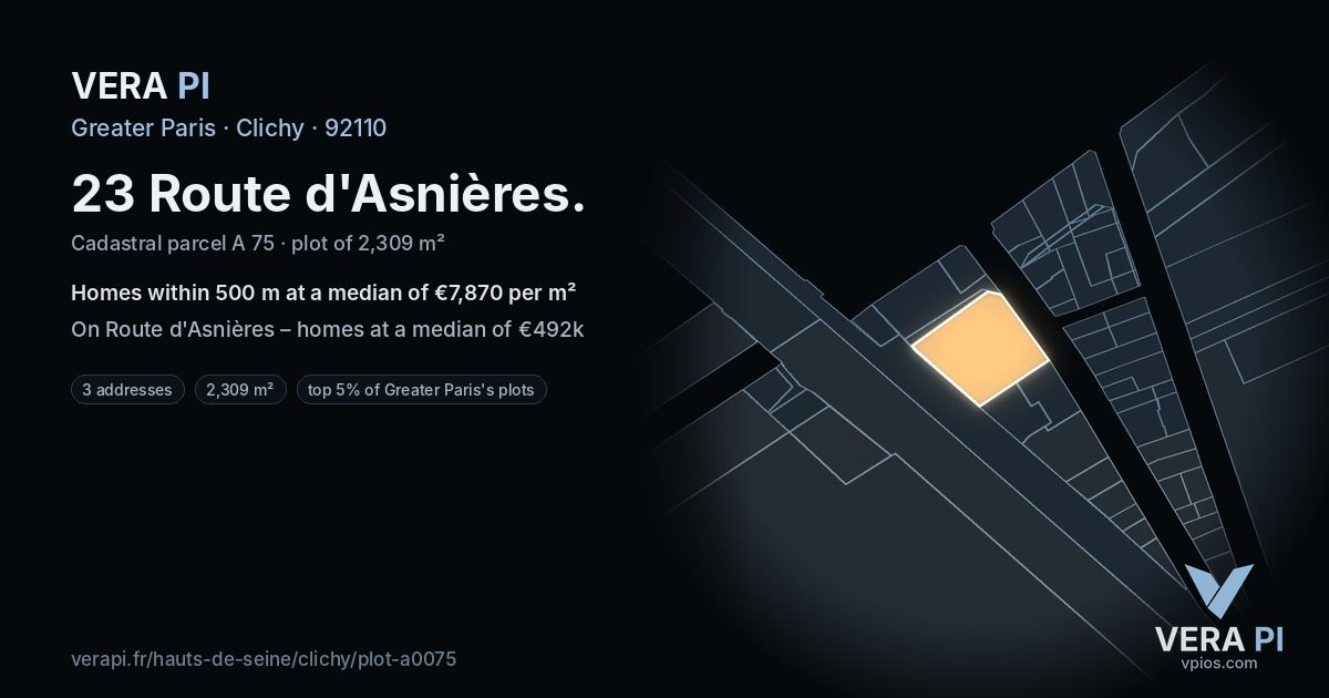 23 Route d'Asnières, Clichy at night – the plot lit, the parcels around coloured by the prices near them