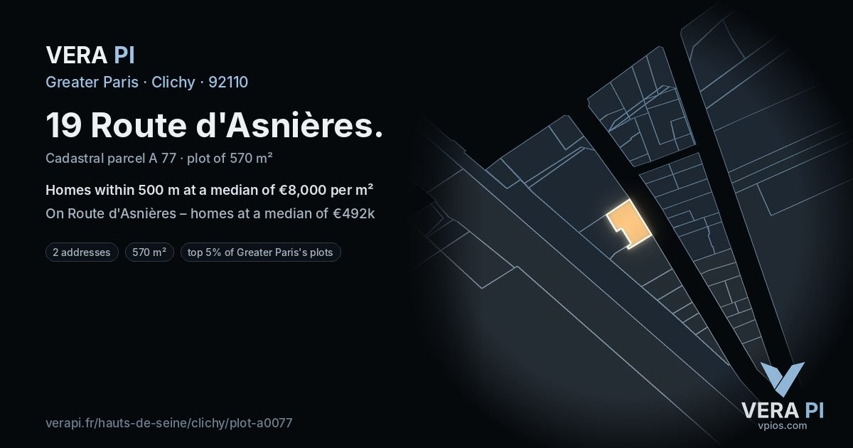 19 Route d'Asnières, Clichy at night – the plot lit, the parcels around coloured by the prices near them