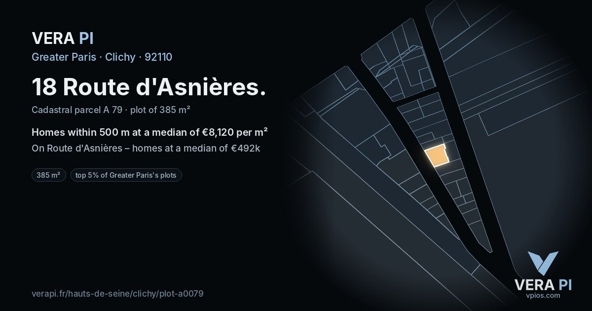 18 Route d'Asnières, Clichy at night – the plot lit, the parcels around coloured by the prices near them