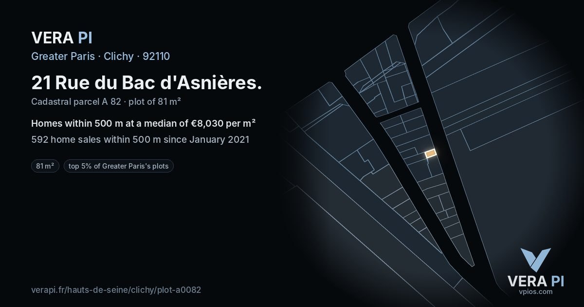 21 Rue du Bac d'Asnières, Clichy at night – the plot lit, the parcels around coloured by the prices near them