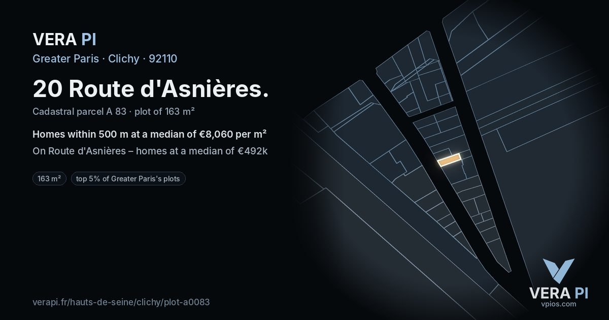 20 Route d'Asnières, Clichy at night – the plot lit, the parcels around coloured by the prices near them