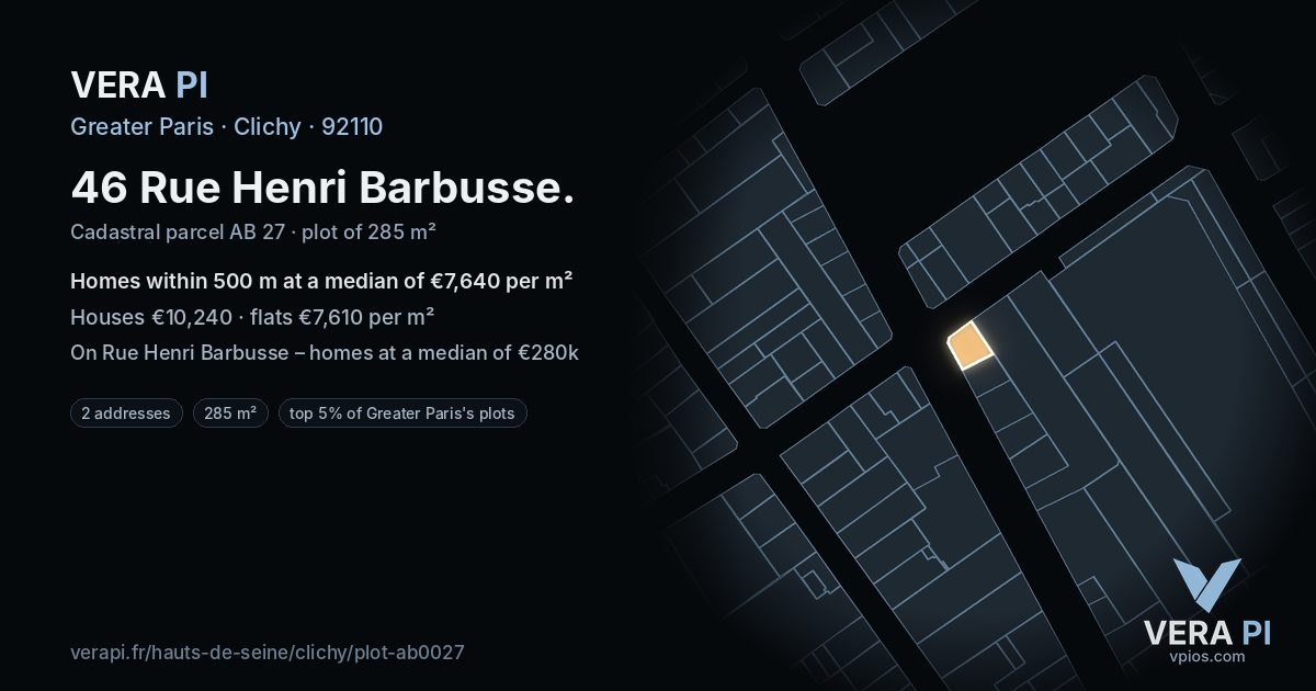 46 Rue Henri Barbusse, Clichy at night – the plot lit, the parcels around coloured by the prices near them