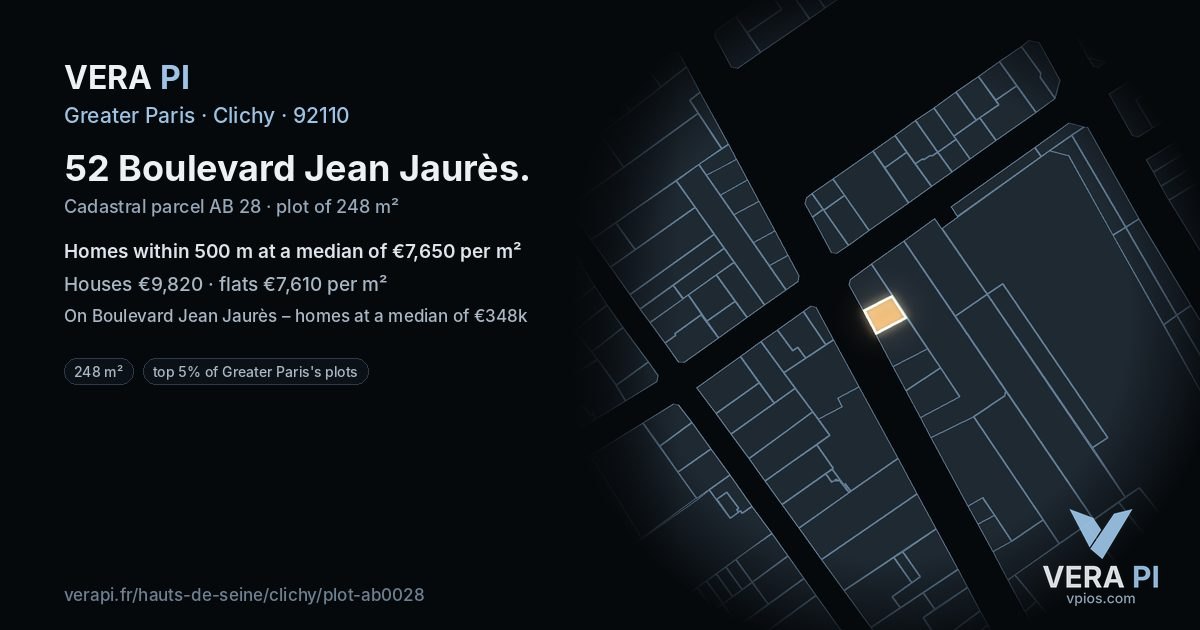 52 Boulevard Jean Jaurès, Clichy at night – the plot lit, the parcels around coloured by the prices near them