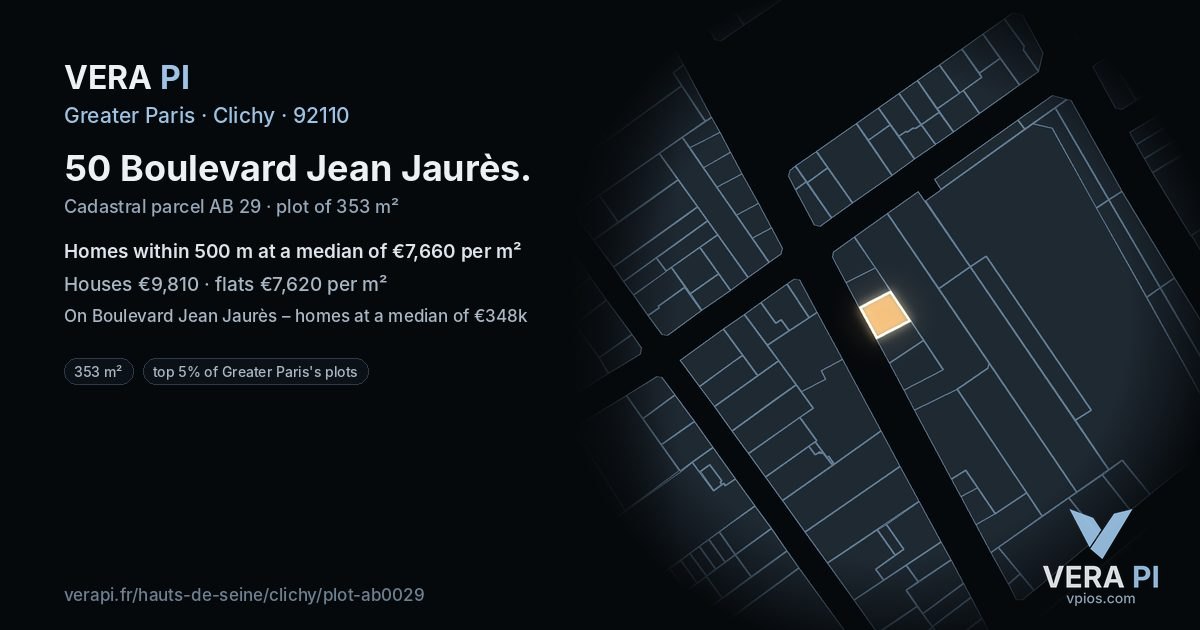 50 Boulevard Jean Jaurès, Clichy at night – the plot lit, the parcels around coloured by the prices near them
