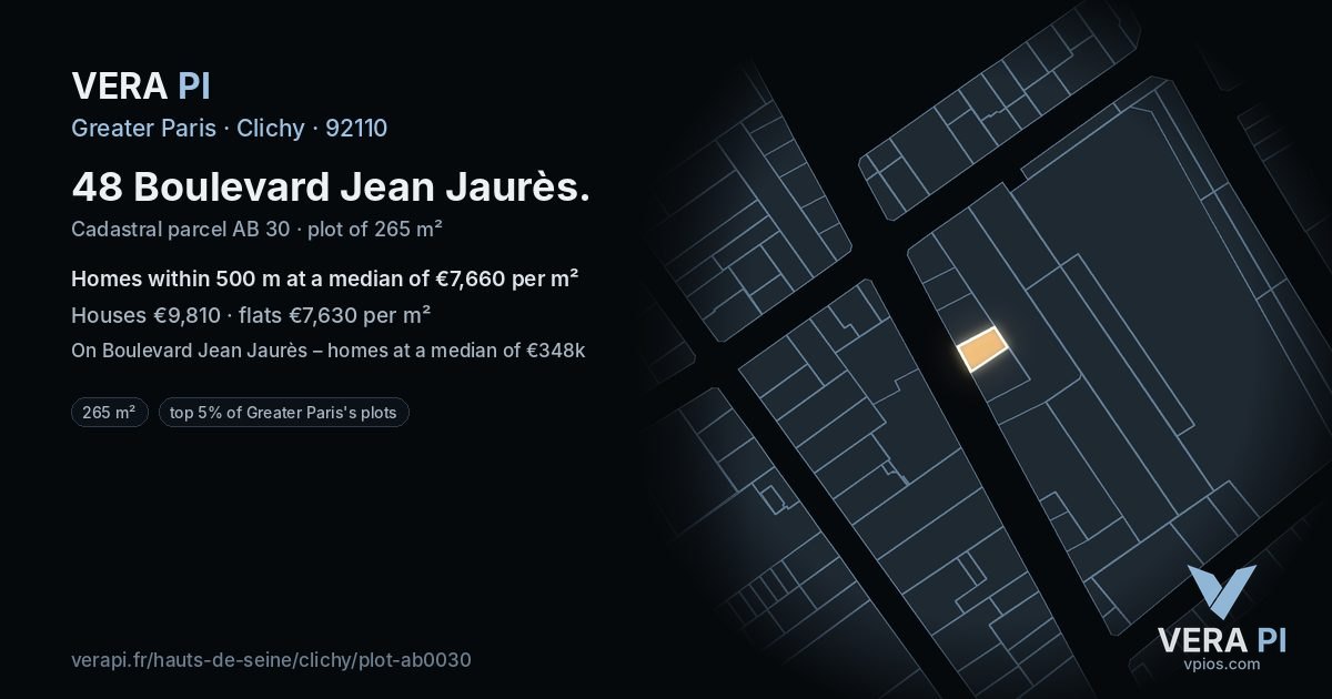 48 Boulevard Jean Jaurès, Clichy at night – the plot lit, the parcels around coloured by the prices near them