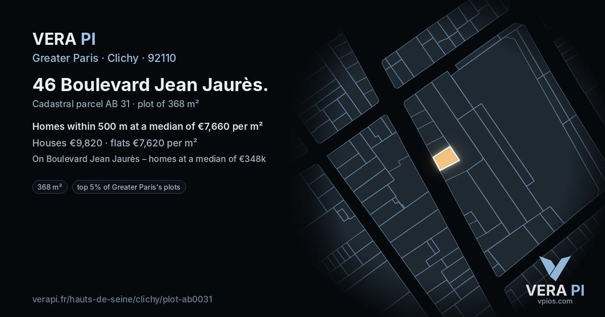 46 Boulevard Jean Jaurès, Clichy at night – the plot lit, the parcels around coloured by the prices near them
