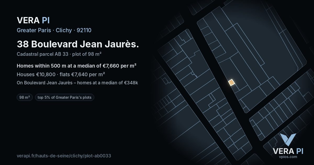 38 Boulevard Jean Jaurès, Clichy at night – the plot lit, the parcels around coloured by the prices near them