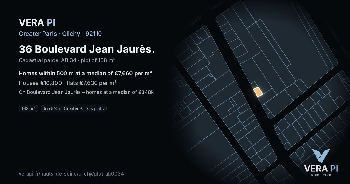 36 Boulevard Jean Jaurès, Clichy at night – the plot lit, the parcels around coloured by the prices near them