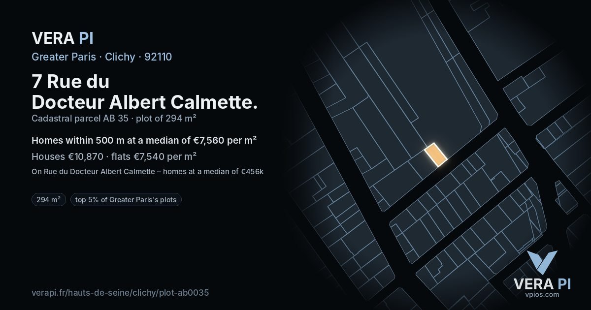 7 Rue du Docteur Albert Calmette, Clichy at night – the plot lit, the parcels around coloured by the prices near them