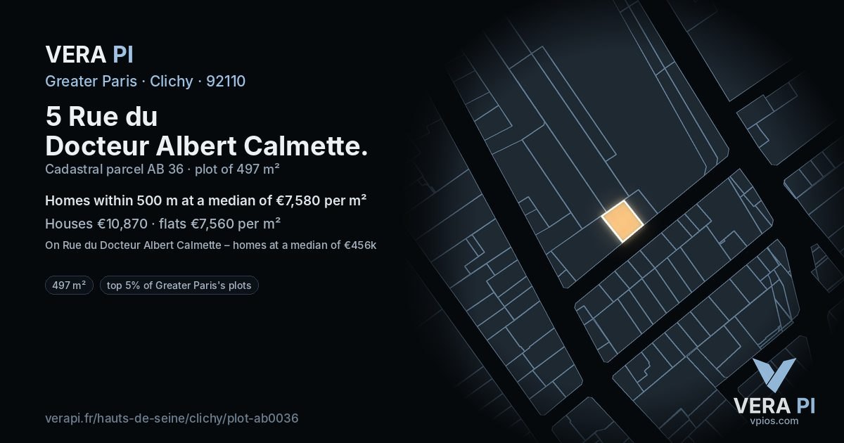 5 Rue du Docteur Albert Calmette, Clichy at night – the plot lit, the parcels around coloured by the prices near them