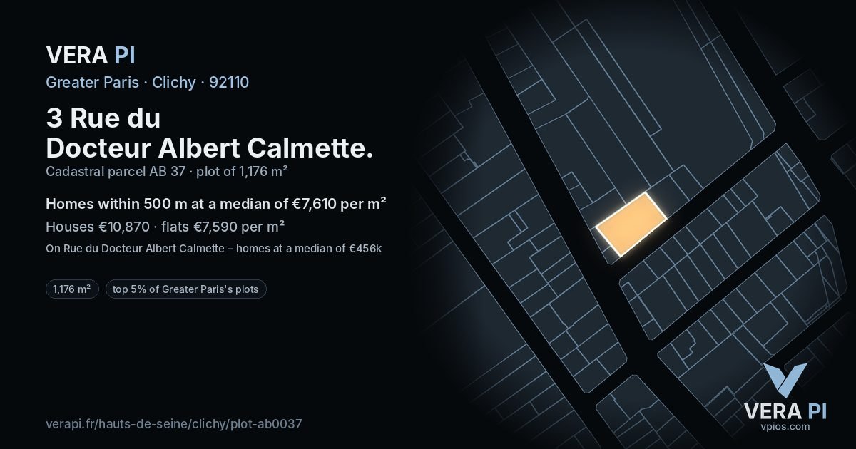 3 Rue du Docteur Albert Calmette, Clichy at night – the plot lit, the parcels around coloured by the prices near them