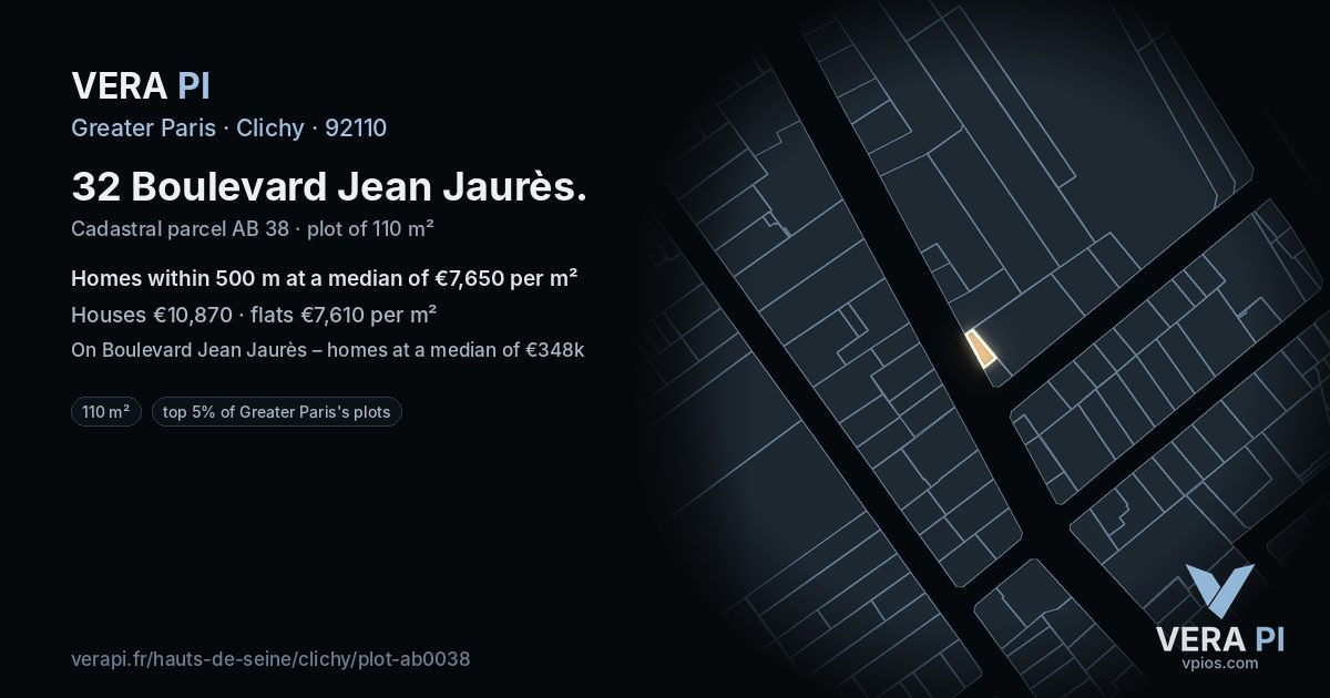 32 Boulevard Jean Jaurès, Clichy at night – the plot lit, the parcels around coloured by the prices near them