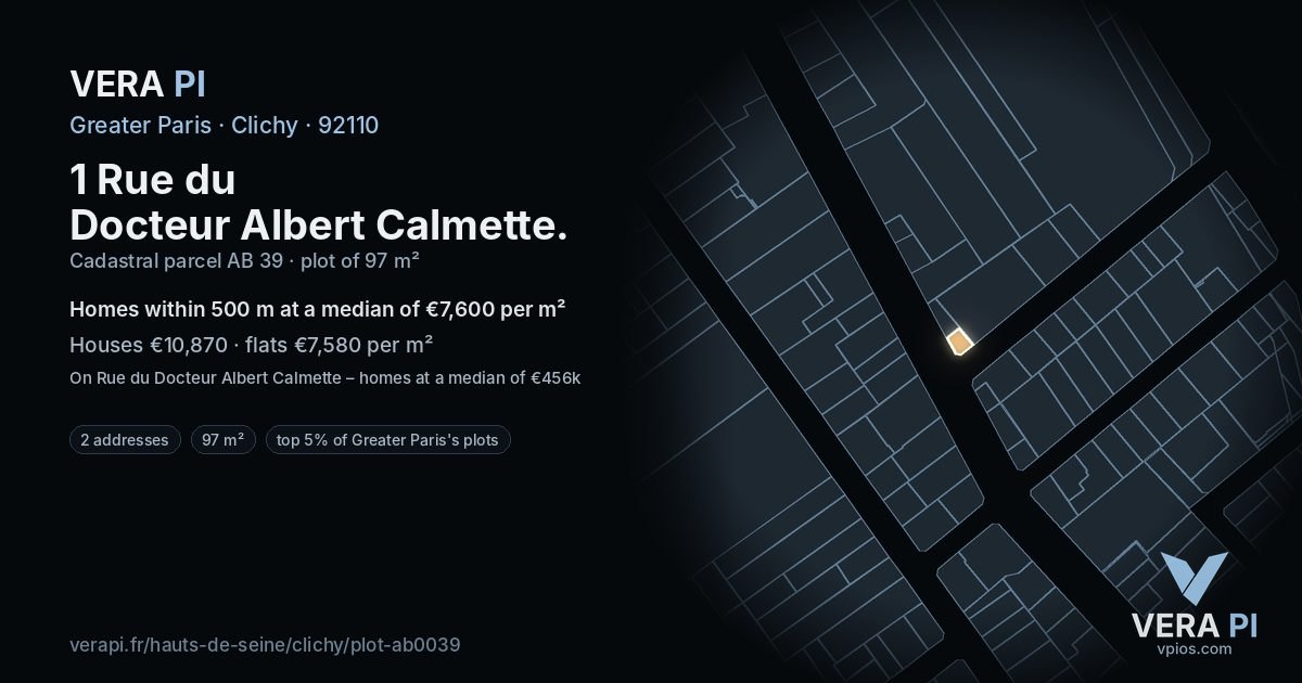 1 Rue du Docteur Albert Calmette, Clichy at night – the plot lit, the parcels around coloured by the prices near them