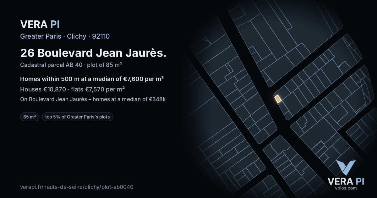 26 Boulevard Jean Jaurès, Clichy at night – the plot lit, the parcels around coloured by the prices near them