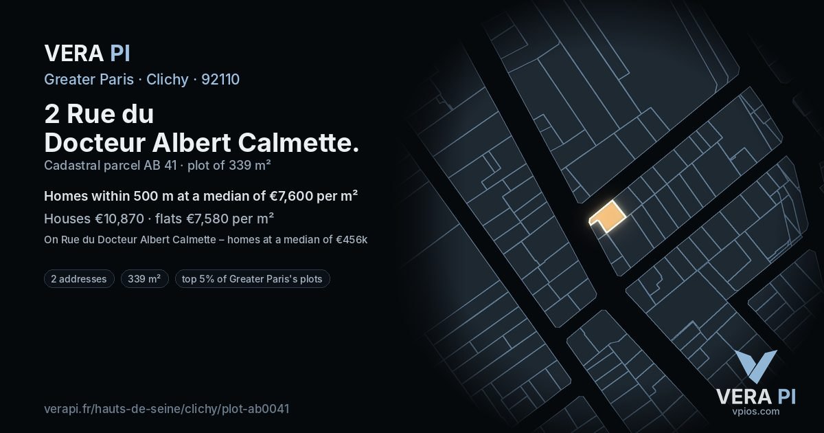 2 Rue du Docteur Albert Calmette, Clichy at night – the plot lit, the parcels around coloured by the prices near them