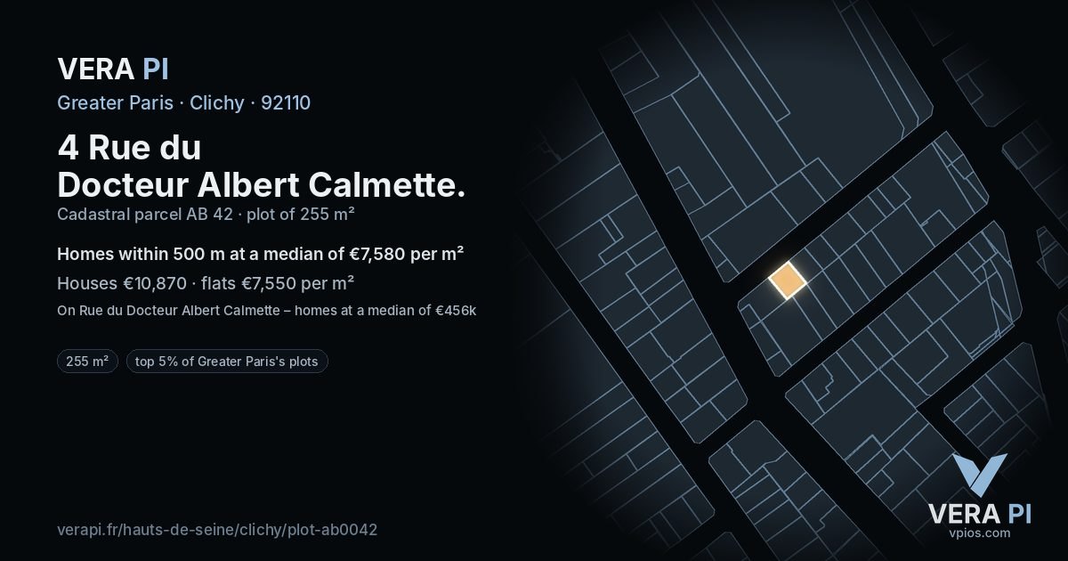 4 Rue du Docteur Albert Calmette, Clichy at night – the plot lit, the parcels around coloured by the prices near them