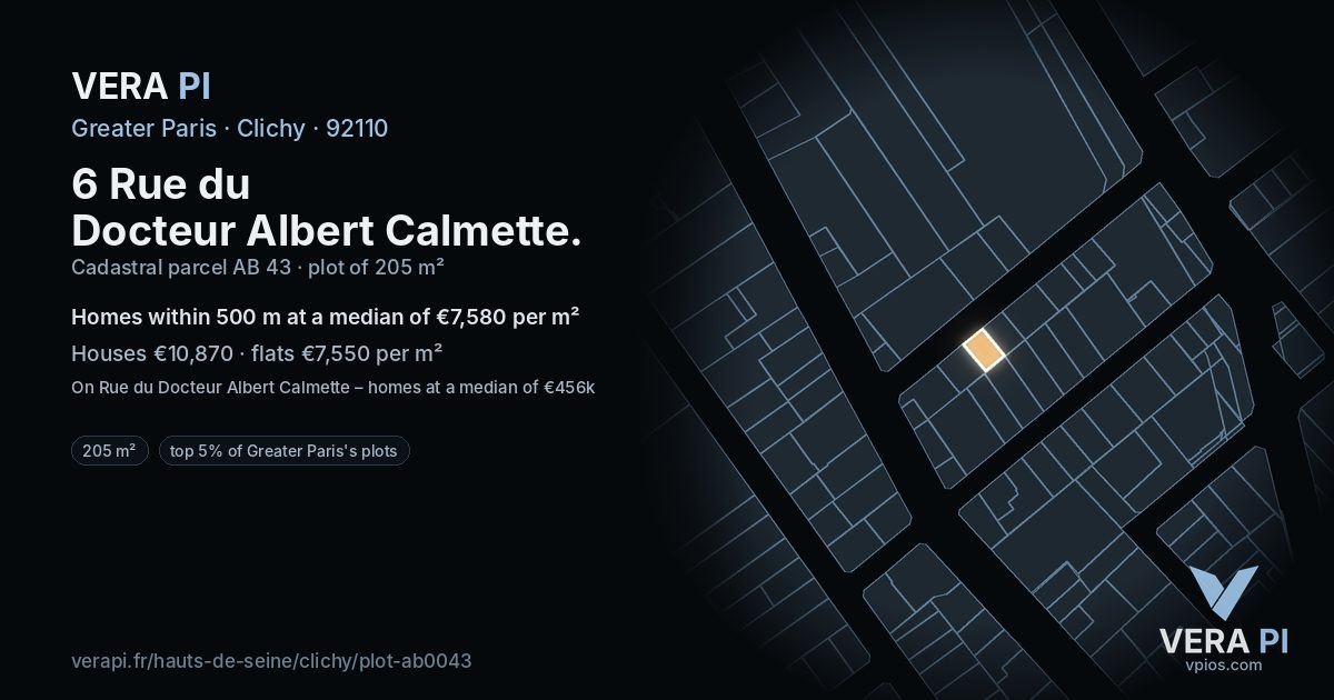 6 Rue du Docteur Albert Calmette, Clichy at night – the plot lit, the parcels around coloured by the prices near them