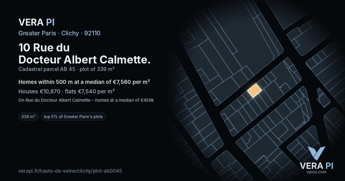 10 Rue du Docteur Albert Calmette, Clichy at night – the plot lit, the parcels around coloured by the prices near them