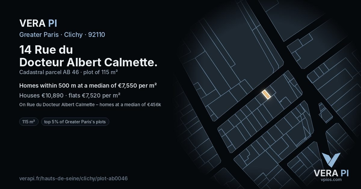 14 Rue du Docteur Albert Calmette, Clichy at night – the plot lit, the parcels around coloured by the prices near them