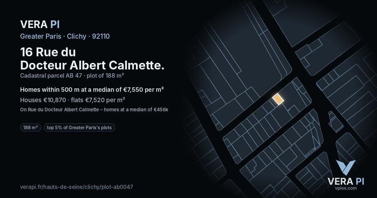 16 Rue du Docteur Albert Calmette, Clichy at night – the plot lit, the parcels around coloured by the prices near them