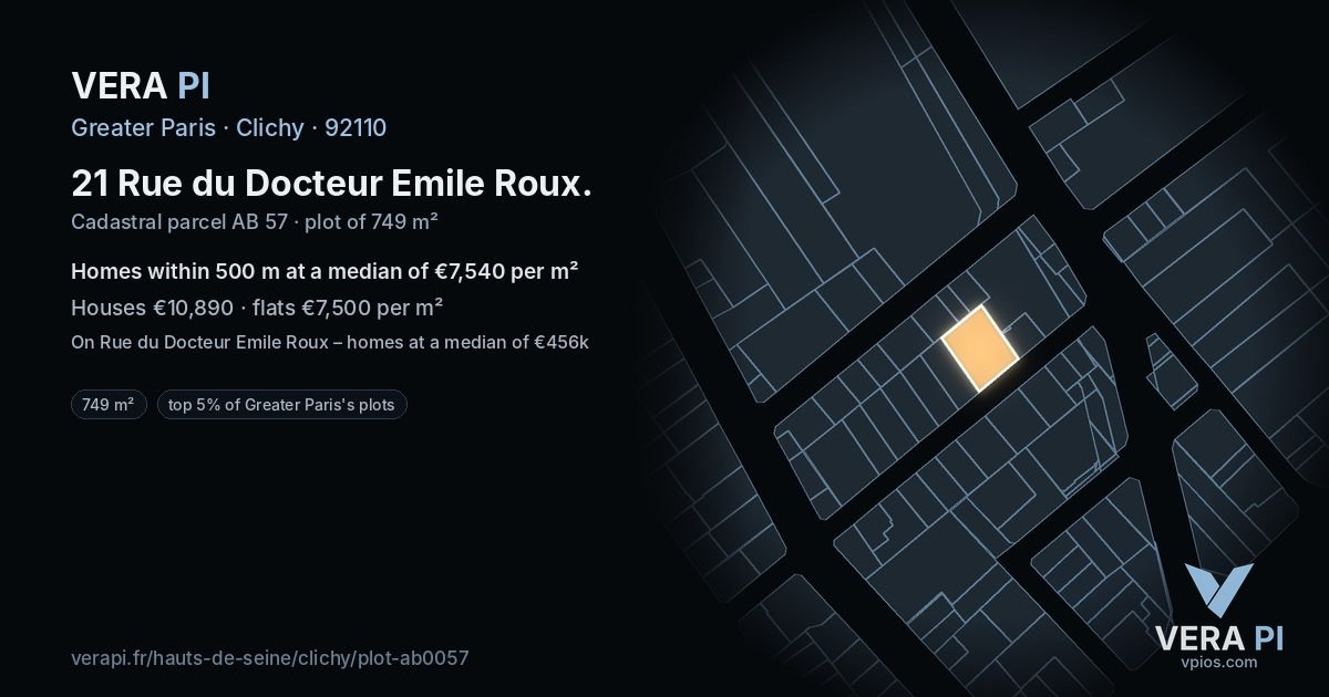 21 Rue du Docteur Emile Roux, Clichy at night – the plot lit, the parcels around coloured by the prices near them